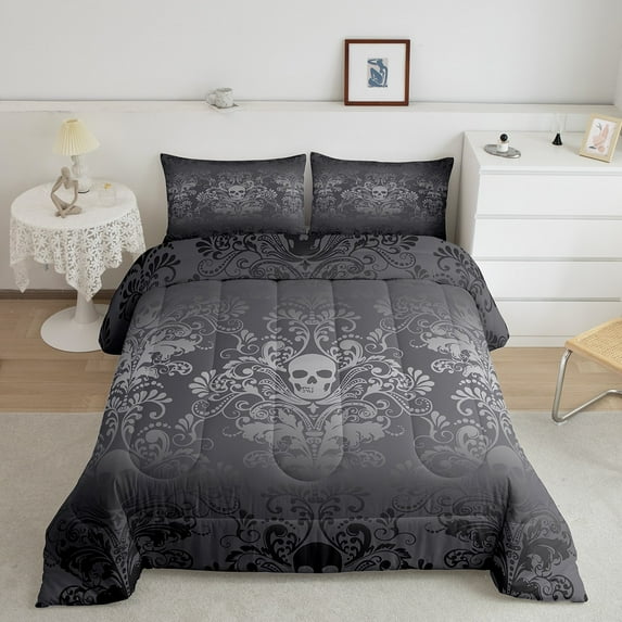 Adults Black Damask Bedding Set Antique Victorian Baroque Comforter Set King Size,Gothic Vintage Floral Quilt Exotic Sugar Skull Duvet Insert,Gothic Bone Skeleton Bohemian Decor,Grey