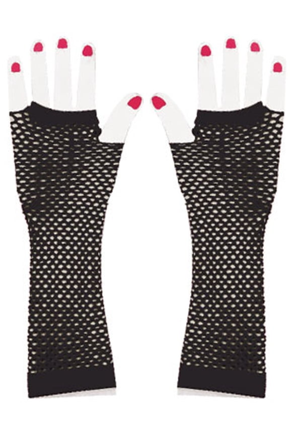 Adults Black Glam Rock Fishnet Fingerless Costume Long Gloves