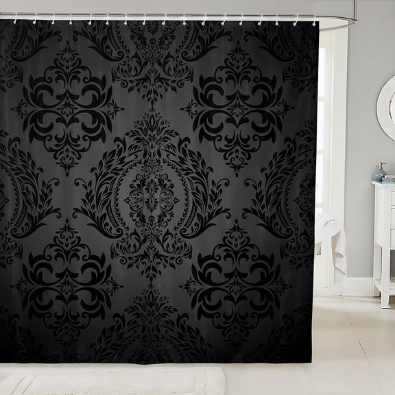 Adults Black Vintage Damask Floral Shower Curtain Oriental Antique Bathroom Shower Curtain Set 72"x80" Gothic Bohemia Boho Floral Bath Curtain Bohemian Exotic Bathroom Accessories