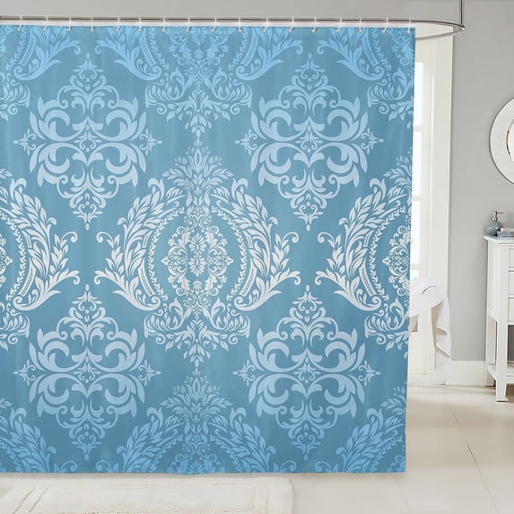 Adults Blue Vintage Damask Floral Shower Curtain Oriental Antique Bathroom Shower Curtain Set 72"x80" Gothic Bohemia Boho Floral Bath Curtain Bohemian Exotic Bathroom Accessories