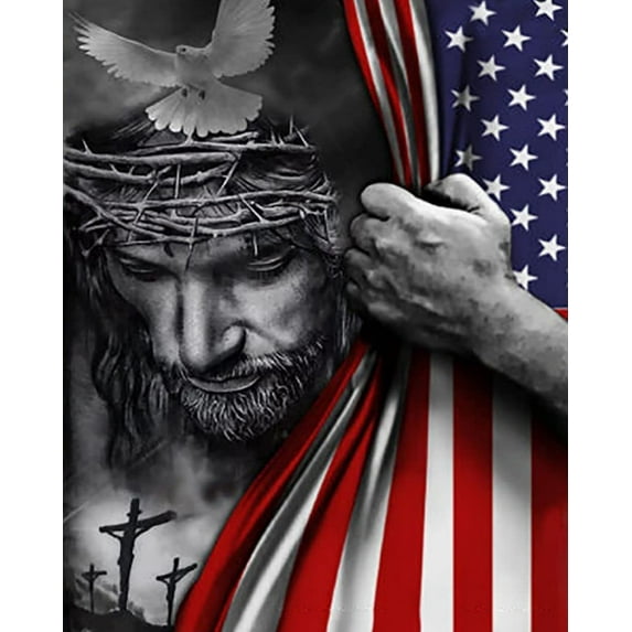 Adults DIY 5D Diamond Painting Kit American Flag and Jesus Suitable for Beginners, Diamond Painting Gem Art Painting, Good for Home Wall Decoration Gift