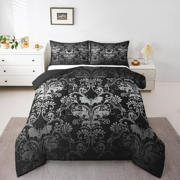 Adults Damask Gothic Bedding Set Antique Victorian Comforter Set Full,Vintage Floral Goth Comforter Bat Quilt,Bats Sugar Skull Bone Skeleton Bohemian Baroque Decor,Black and Grey