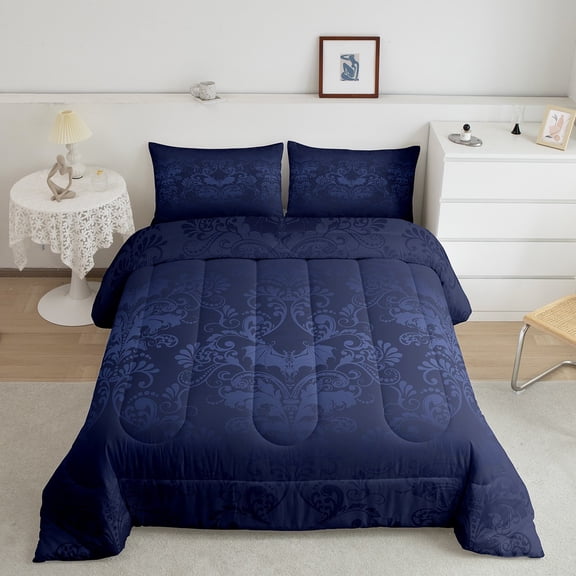 Adults Damask Gothic Bedding Set Antique Victorian Comforter Set King,Vintage Floral Goth Comforter Bat Quilt,Bats Sugar Skull Bone Skeleton Bohemian Baroque Decor,Azure Blue