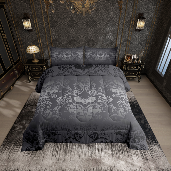Adults Damask Gothic Bedding Set Antique Victorian Comforter Set King,Vintage Floral Goth Comforter Bat Quilt,Bats Sugar Skull Bone Skeleton Bohemian Baroque Decor,Silver Gray