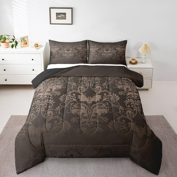 Adults Damask Gothic Bedding Set Antique Victorian Comforter Set Twin,Vintage Floral Goth Comforter Bat Quilt,Bats Sugar Skull Bone Skeleton Bohemian Baroque Decor,Terra Brown