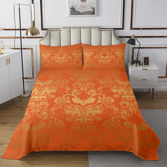 Adults Damask Gothic Bedspread Set Antique Victorian Quilt Set Twin,Vintage Floral Goth Coverlet&nbsp;Set Bat Quilted,Bats Sugar Skull Bone Skeleton Bohemian Baroque Decor,Orange and Yellow