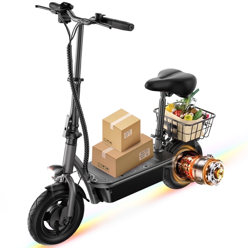 Adults Electric Scooters with Seat & Basket,10"Electric Scooter,500W Foldable E-Scooter for Teen Women Pets Cargo