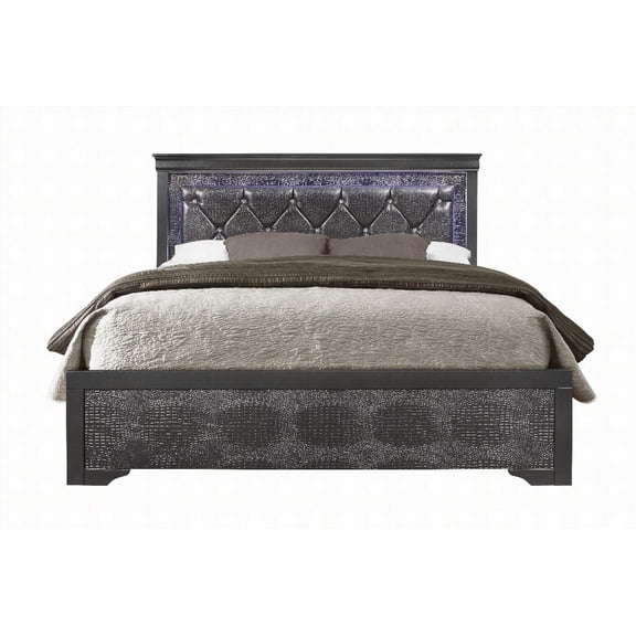 Full Size Metal Bed Frame with Led and Crystal Tufted Headboard Gray for Bedroom