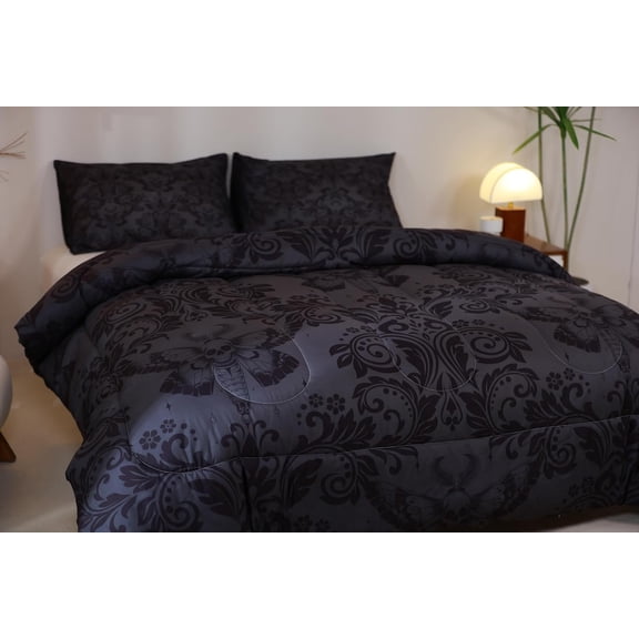 Adults Gothic Comforter Set King Size Dark Olive Green Damask Comforter Death Moth Bohemia Boho Bedding Set Goth Skull Duvet Set Vintage Victorian Baroque Floral Quilt Set 3Pcs
