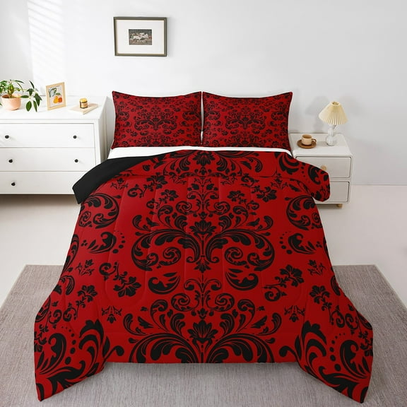Adults Gothic Damask Bedding Set Black Red Victorian Baroque Floral Full Comforter Set For Men Women Bohemian Exotic Goth Down Comforter Vintage Boho Flower Bed Set 2 Pillow Cases
