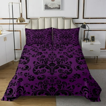 Adults Gothic Damask Quilt Set Twin Black Purple Victorian Baroque Floral Bedspread Set For Men Women Bohemian Exotic Goth Coverlet Set Vintage Flower Bedding Set 1 Pillow Case