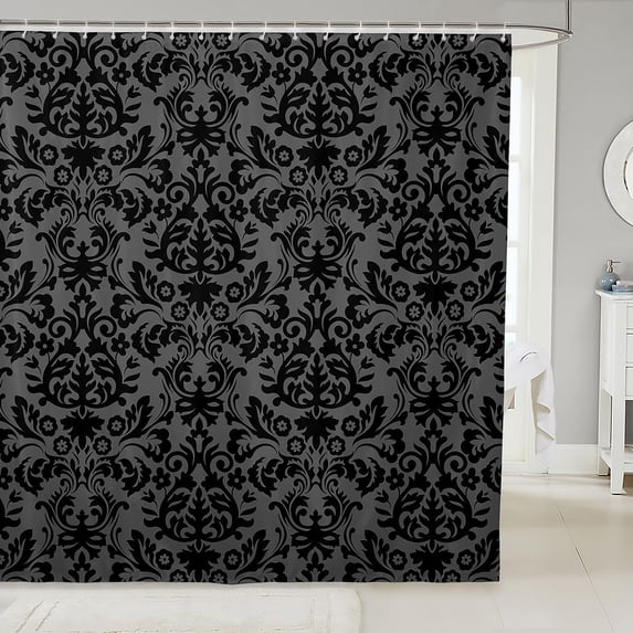 Adults Gothic Damask Shower Curtain Antique Victorian Baroque Bathroom Curtain Black Grey Greenish Vintage Floral Bathroom Accessories Bohemian Exotic Decor 12 Hooks