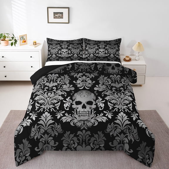 Adults Gray Damask Bedding Set Antique Victorian Baroque Comforter Set Queen Size,Gothic Vintage Floral Quilt Exotic Sugar Skull Duvet Insert,Gothic Bone Skeleton Bohemian Decor,Black