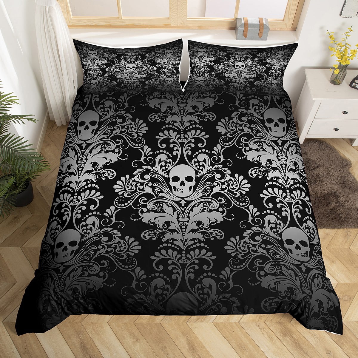 Adults Gray Damask Bedding Set Antique Victorian Baroque Duvet Cover Full Size,Gothic Vintage