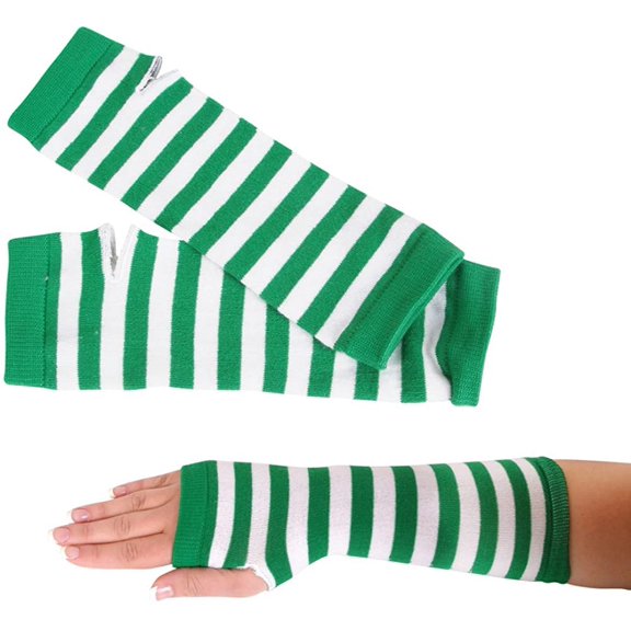 Adults Green White Striped Retro Gothic Punk Arm Warmer Gloves