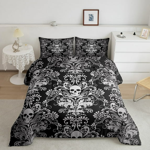 Adults Grey Damask Bedding Set Antique Victorian Baroque Comforter Set Queen Size,Gothic Vintage Floral Quilt Exotic Sugar Skull Duvet Insert,Gothic Bone Skeleton Bohemian Decor,Black