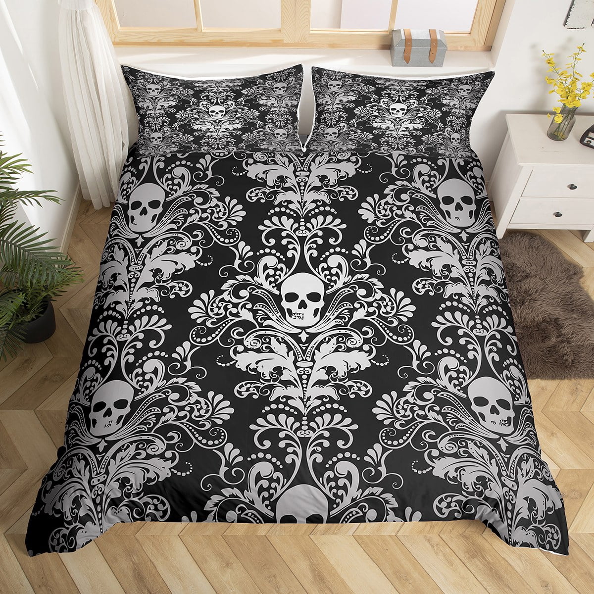 Adults Grey Damask Bedding Set Antique Victorian Baroque Duvet Cover Full Size,Gothic Vintage