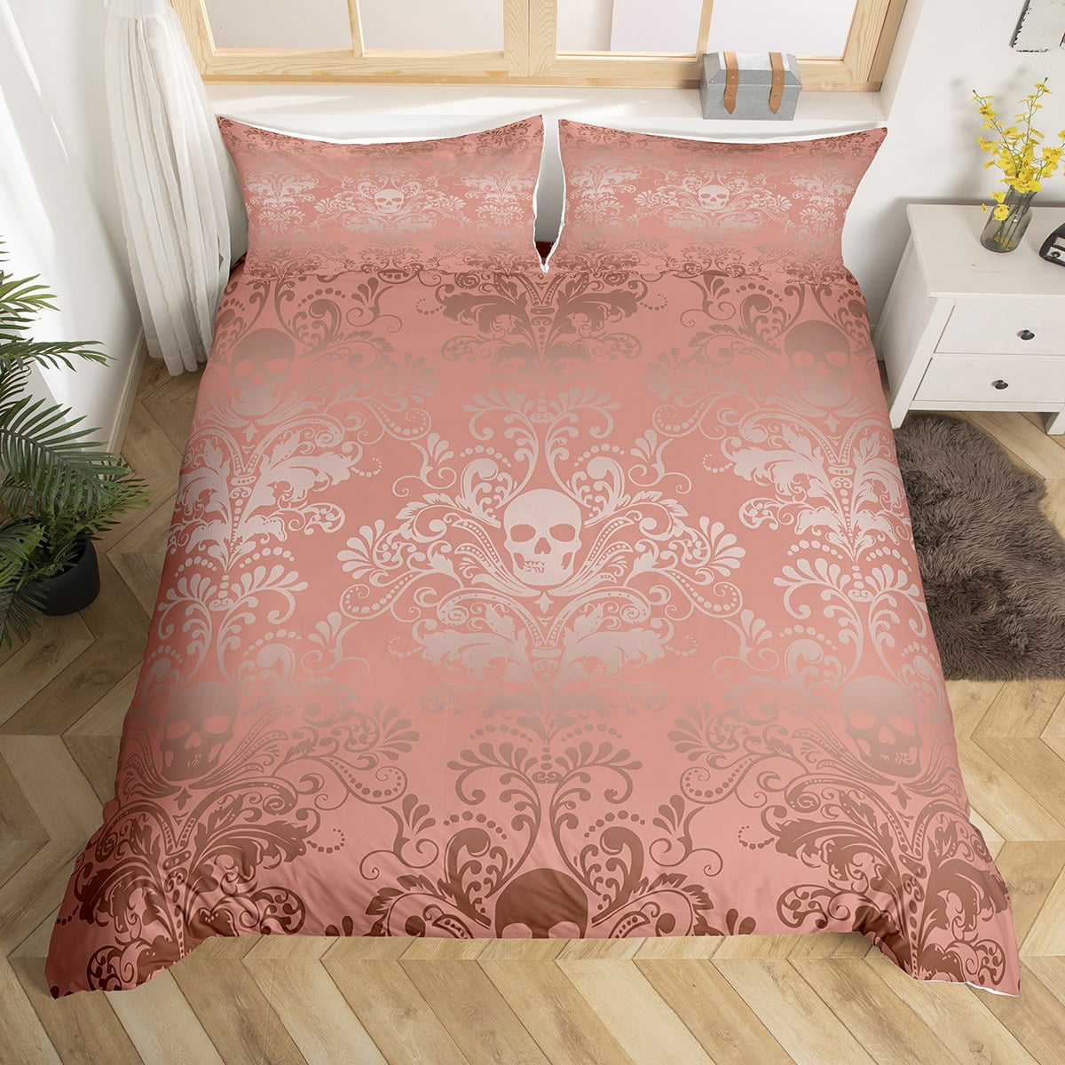 Adults Grey Damask Bedding Set Antique Victorian Baroque Duvet Cover King Size,Gothic Vintage