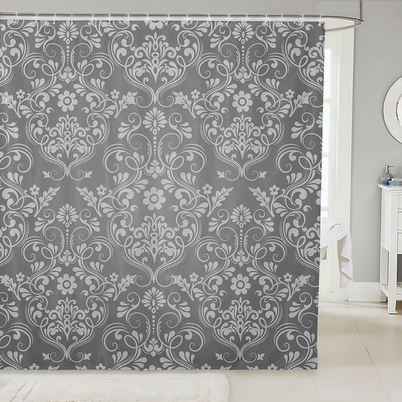 Adults Grey Vintage Damask Floral Shower Curtain Oriental Antique Bathroom Shower Curtain Set 72"x80" Gothic Bohemia Boho Flower Bath Curtain Bohemian Exotic Bathroom Accessories