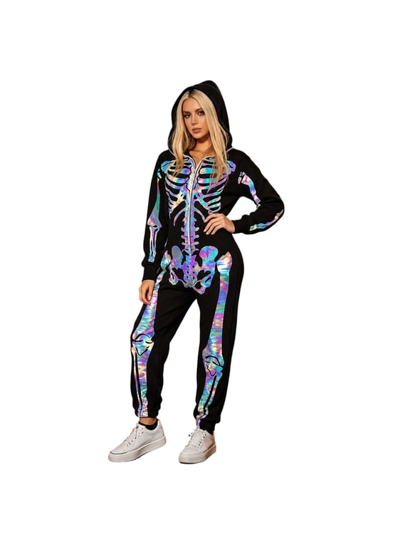 Adults Halloween Hooded Full Zip Up Skeleton Jumpsuits Halloween For Couples,Skeleton Onesie,Men Women Halloween Jumpsuit,Hooded Skeleton Onesie,Gothic Hoodie Outfit Sets