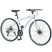 Adults Hybrid Bike 700C 7 Speeds Road Bike Aluminum Frame City Bicycle for Men Women, White