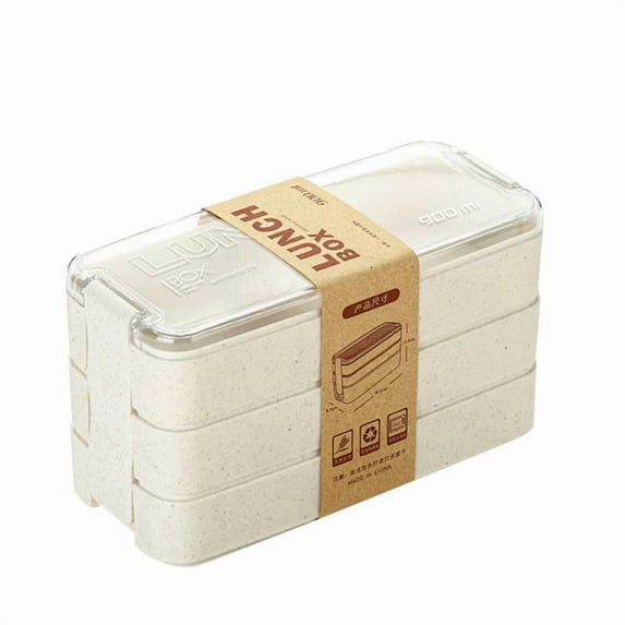 Adults Lunch Box, Stackable Bento Box, 3-In-1 Compartment - Wheat Straw, Leakproof Bento Lunch Box Meal Prep Containers( Beige)