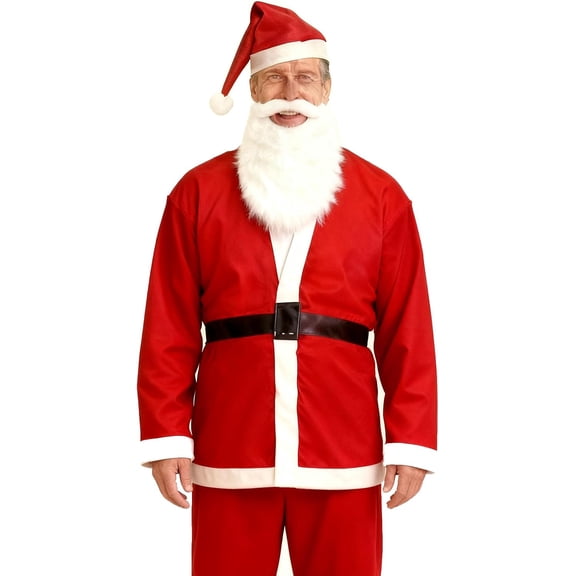 Adults Men Women Santa Claus Costume Suit One Size,5Pcs Halloween Christmas Party Traditional Santa Costume Cosplay Outfit with Hat,Belt,Beard
