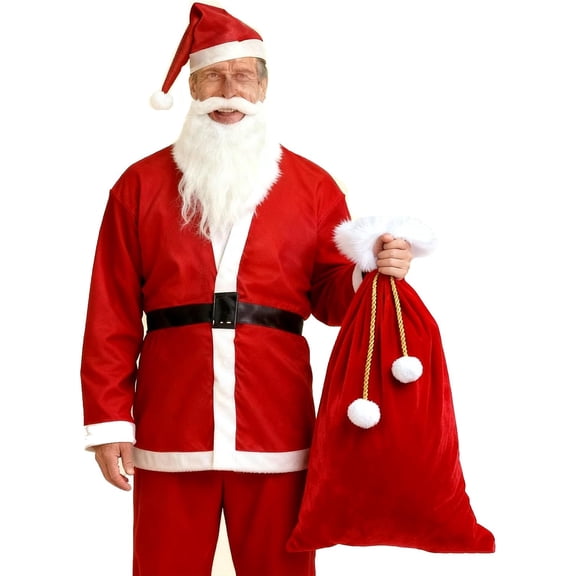 Adults Men Women Santa Claus Costume Suit One Size,6Pcs Halloween Christmas Party Traditional Santa Costume Cosplay Outfit with Gift Bag,Hat,Belt,Beard