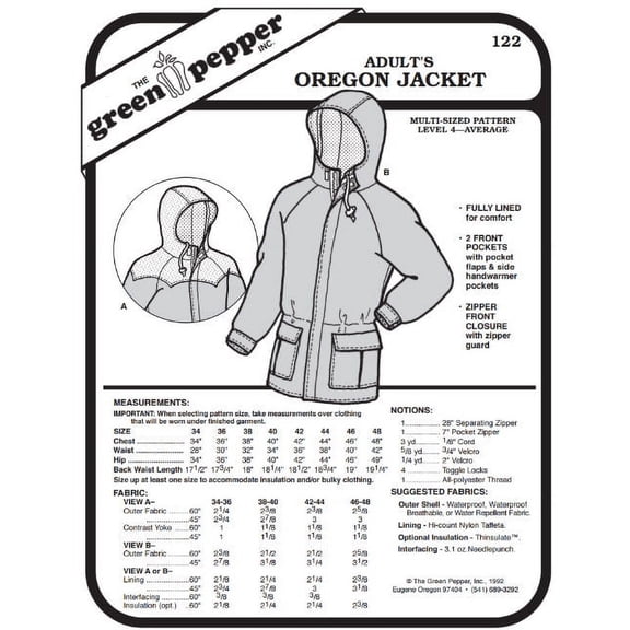 Adults' Oregon Jacket Coat #122 Sewing Pattern (Pattern Only)