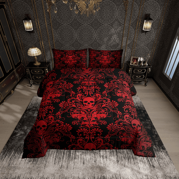 Adults Red Damask Bedding Set Antique Victorian Baroque Comforter Set Full Size,Gothic Vintage Floral Quilt Exotic Sugar Skull Duvet Insert,Gothic Bone Skeleton Bohemian Decor,Black