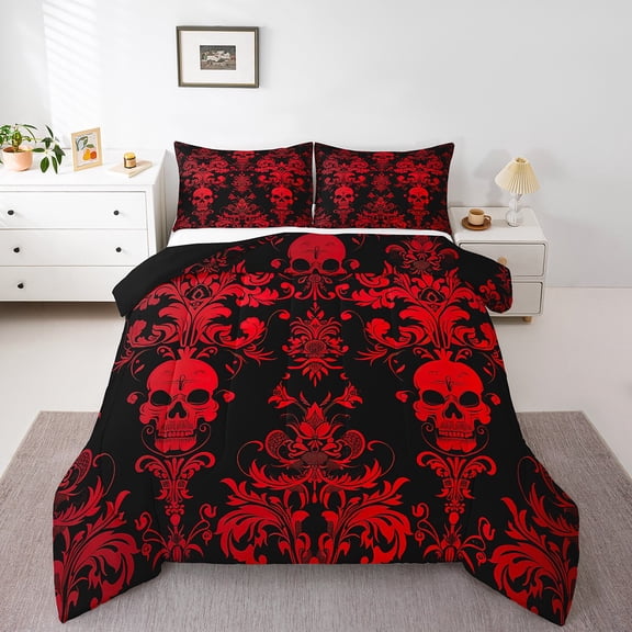 Adults Red Damask Bedding Set Antique Victorian Baroque Comforter Set King Size,Gothic Vintage Floral Quilt Exotic Sugar Skull Duvet Insert,Gothic Bone Skeleton Bohemian Decor,Black
