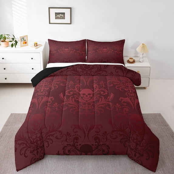 Adults Red Damask Bedding Set Antique Victorian Baroque Comforter Set Queen Size,Gothic Vintage Floral Quilt Exotic Sugar Skull Duvet Insert,Gothic Bone Skeleton Bohemian Decor