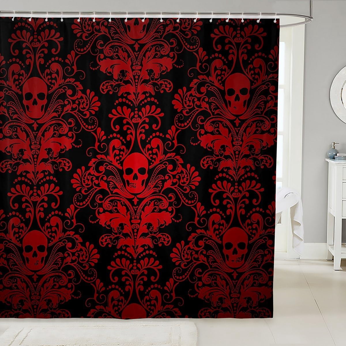 Adults Red Damask Shower Curtain Antique Victorian Baroque Bath Curtain 72" Wx84 L,Vintage Floral Exotic Sugar Skull Waterproof Bathroom Curtains,Gothic Bone Skeleton Bohemian Decor,Black