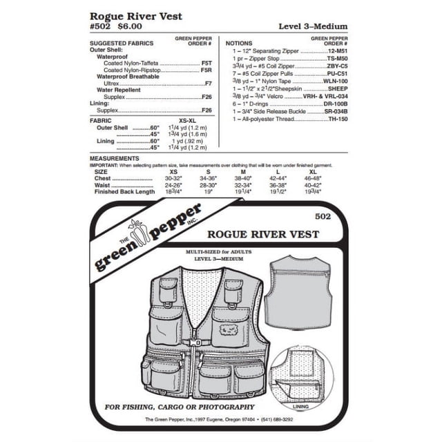 Adults' Rogue River Fishing Fisherman Vest #502 Sewing Pattern (Pattern ...