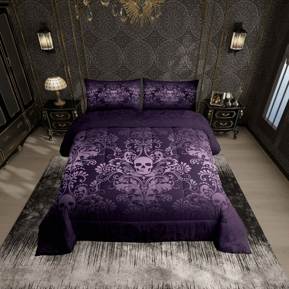 Adults Salmon Violet Damask Bedding Set Antique Victorian Baroque Comforter Set King,Gothic Vintage Floral Quilt Exotic Sugar Skull Duvet Insert,Gothic Bone Skeleton Bohemian Decor,Dark Purple