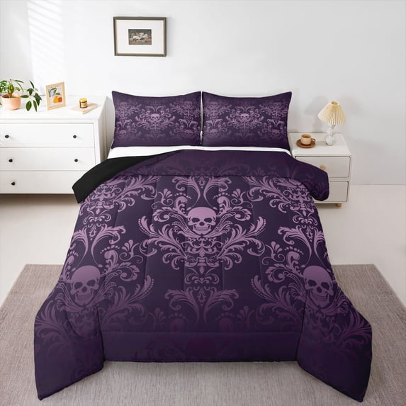Adults Salmon Violet Damask Bedding Set Antique Victorian Baroque Comforter Set Queen,Gothic Vintage Floral Quilt Exotic Sugar Skull Duvet Insert,Gothic Bone Skeleton Bohemian Decor,Dark Purple