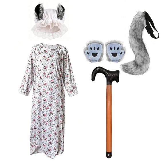 Adults Scary Wolf Granny Costume with Plush Ear Hat and Tail & Gloves,Halloween Big Bad Wolf Granny Costume with Hat & Gloves & Tail & Cane Set,LARP Horror Wolf Grandma Costume Outfit