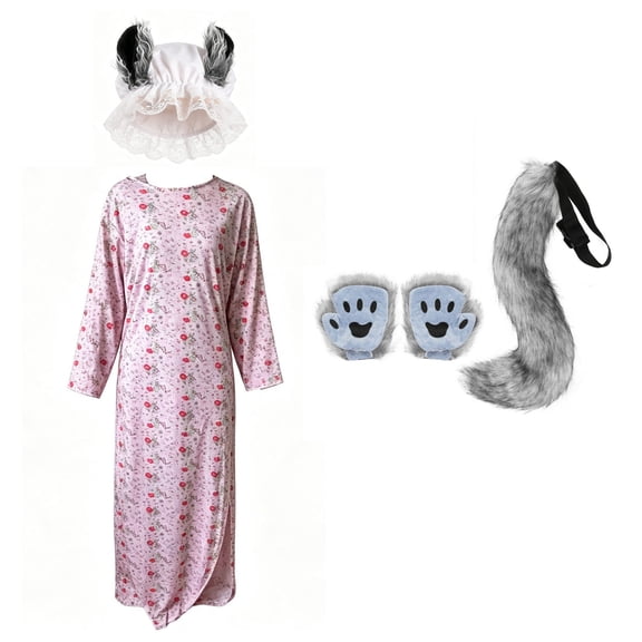 Adults Scary Wolf Granny Costume with Plush Ear Hat and Tail & Gloves,Halloween Big Bad Wolf Granny Costume with Hat & Gloves & Tail Set,LARP Horror Wolf Grandma Costume Outfit