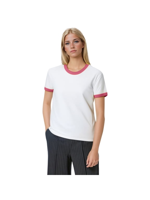 Adults Short Sleeve Ringer Tee Cotton Sport Crew Neck T-Shirts