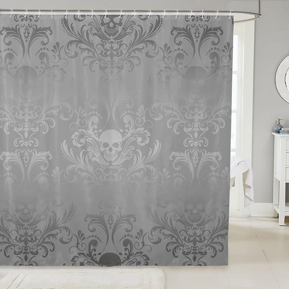 Adults Silver Damask Bath Curtain Antique Victorian Baroque Fabric Shower Curtain 72" Wx72 L,Vintage Floral Exotic Sugar Skull Bathroom Decor,Gothic Bone Skeleton Bohemian Decor,Grey