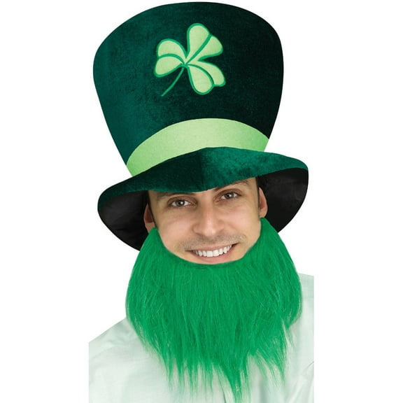 Adults St. Patrick's Day Leprechaun Tall Hat With Dark Green Beard Accessory