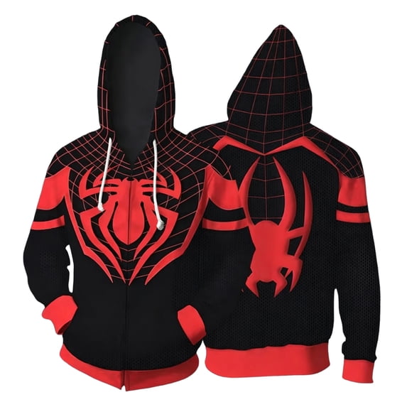 Adults Superhero Full Zip Up Hoodie, Loose Casual Long Sleeve Armor Print Pocket Sweatshirt Outerwear Apparel Outfit