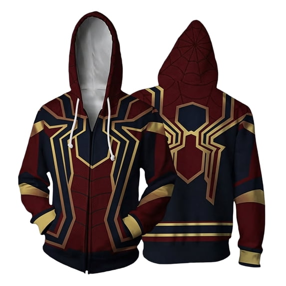 Adults Superhero Full Zip Up Hoodie, Loose Casual Long Sleeve Armor Print Pocket Sweatshirt Outerwear Apparel Outfit