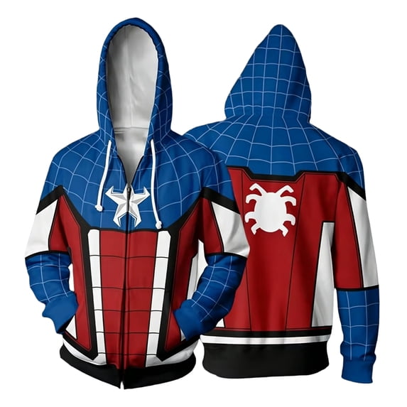 Adults Superhero Full Zip Up Hoodie, Loose Casual Long Sleeve Armor Print Pocket Sweatshirt Outerwear Apparel Outfit