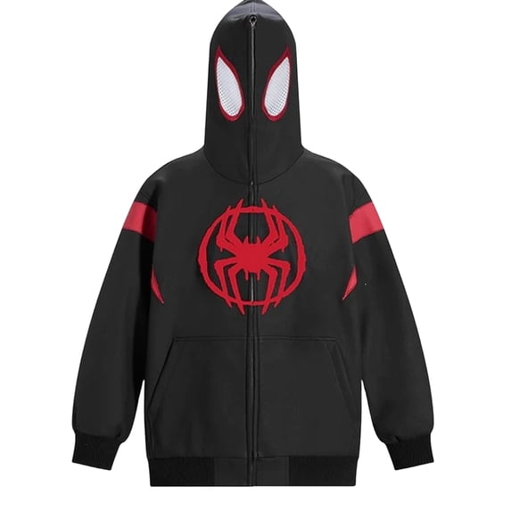 Adults Superhero Zip Up Hoodie with Full Face Mask, Casual Spider Web Print Graphic Sweatshirt Pocket Apparel