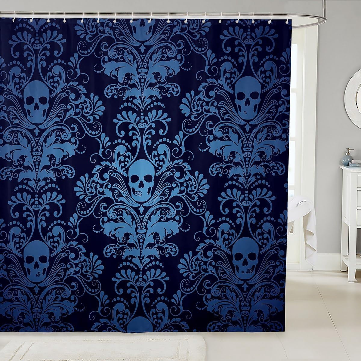 Adults Teal Damask Bath Curtain Antique Victorian Baroque Fabric Shower Curtain 72" Wx84 L,Vintage Floral Exotic Sugar Skull Bathroom Decor,Gothic Bone Skeleton Bohemian Decor,Blue
