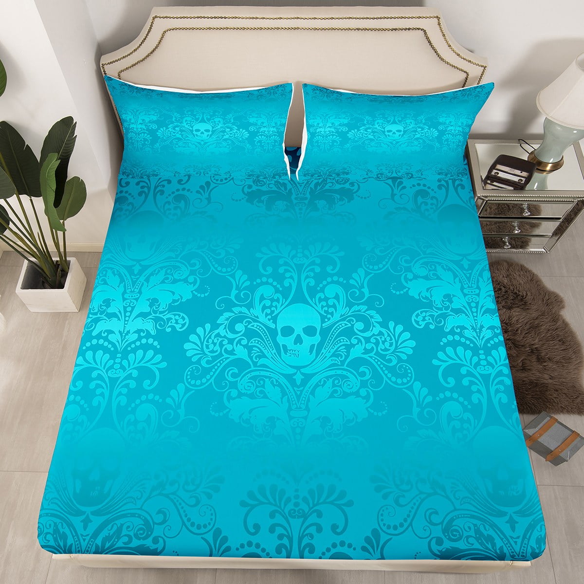 Adults Teal Damask Bed Sheets Antique Victorian Baroque Fitted Sheet