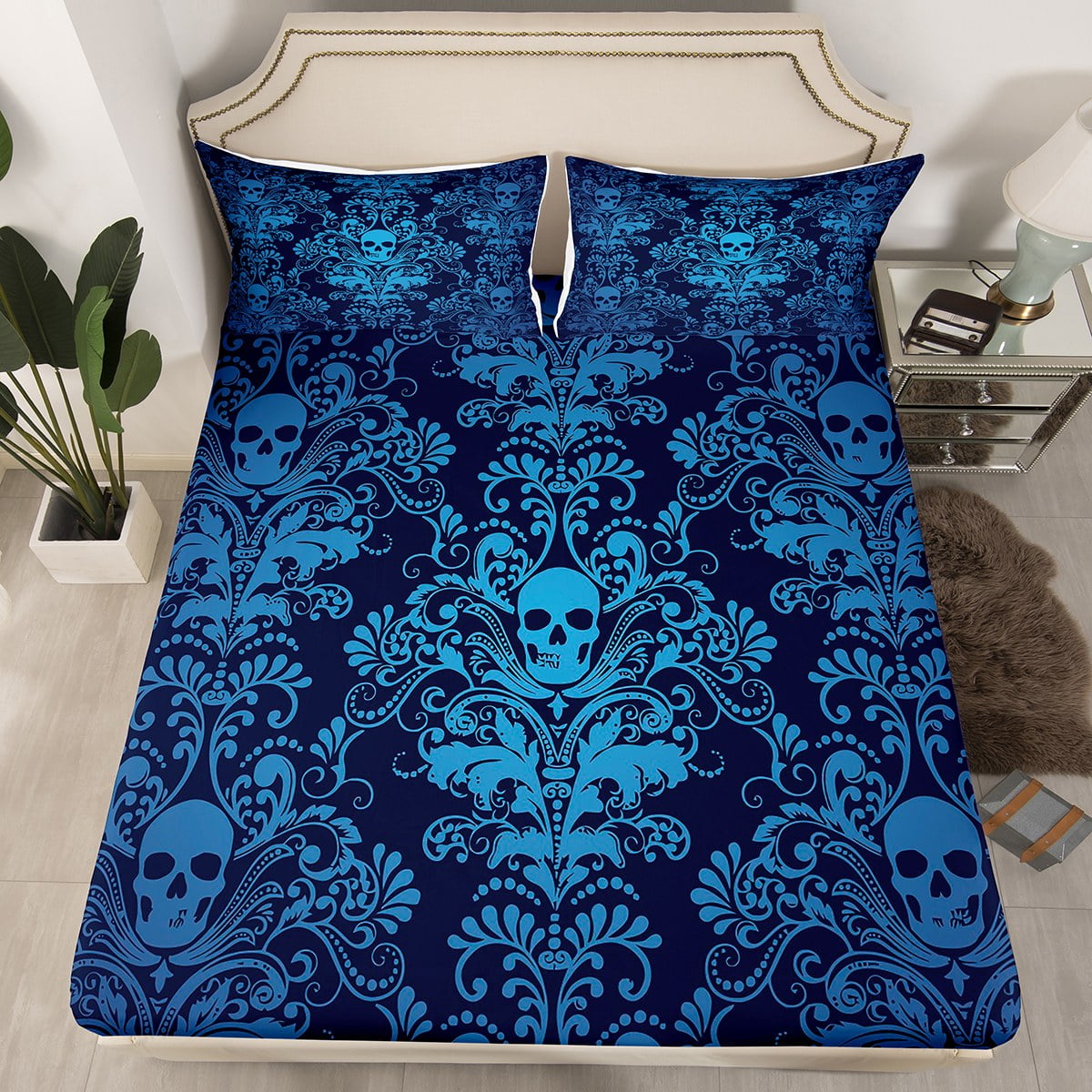 Adults Teal Damask Bed Sheets Antique Victorian Baroque Fitted Sheet