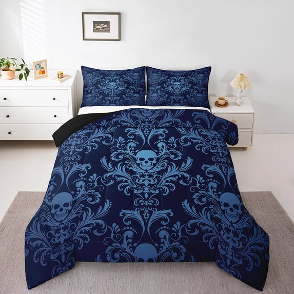 Adults Teal Damask Bedding Set Antique Victorian Baroque Comforter Set Full Size,Gothic Vintage Floral Quilt Exotic Sugar Skull Duvet Insert,Gothic Bone Skeleton Bohemian Decor,Blue