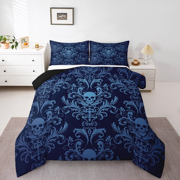 Adults Teal Damask Bedding Set Antique Victorian Baroque Comforter Set King Size,Gothic Vintage Floral Quilt Exotic Sugar Skull Duvet Insert,Gothic Bone Skeleton Bohemian Decor,Blue